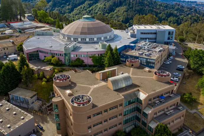 Aerial view of the Advanced Light Source dome (Building 6) and neighboring laboratory buildings on the hillside campus of Lawrence Berkeley National Laboratory in Berkeley, California