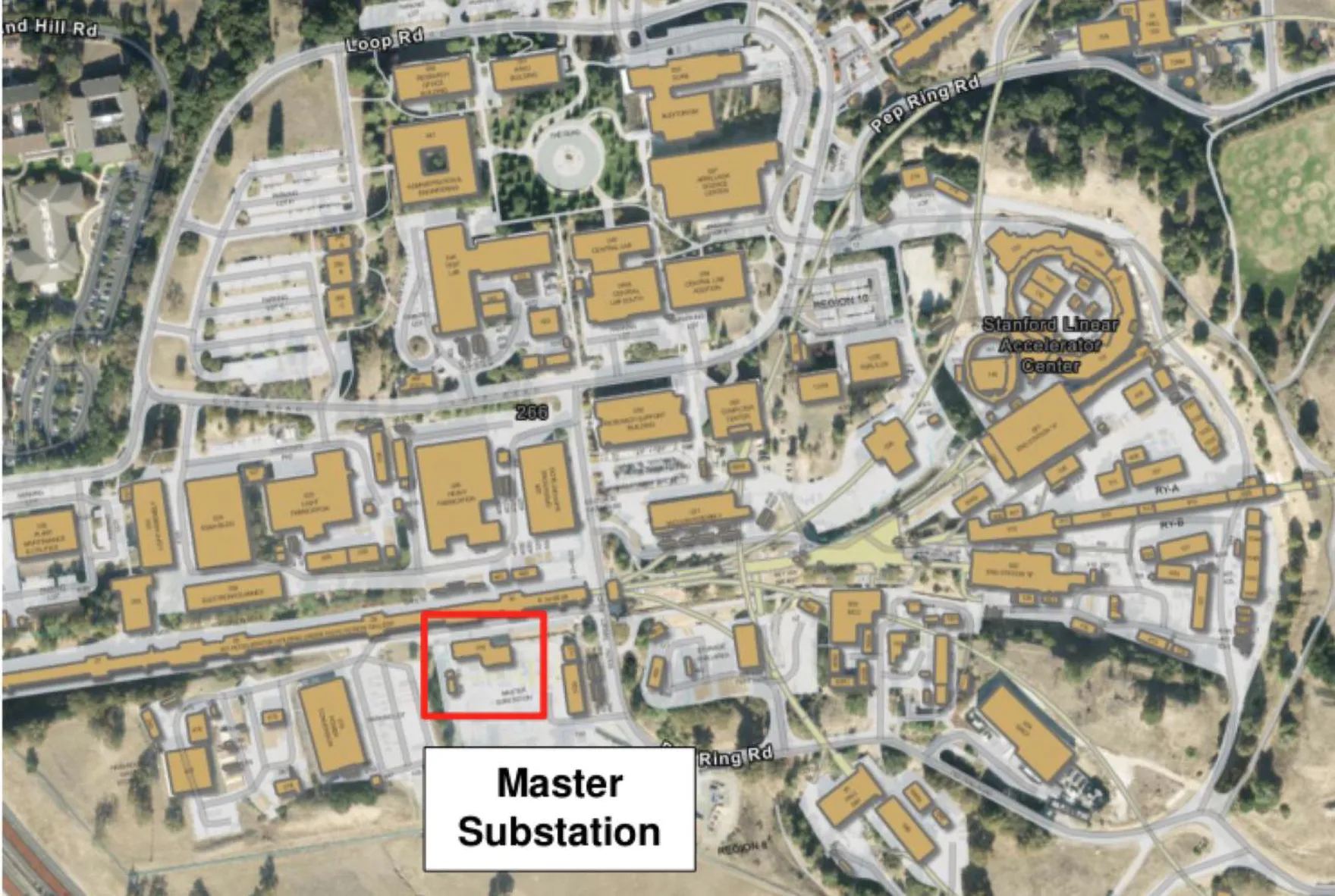 SLAC campus map with the Master Substation marked